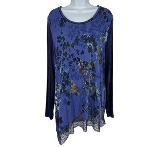 Logo Lori Goldstein Floral Print Long-Sleeve Tunic Top With Lace Hem Size XL